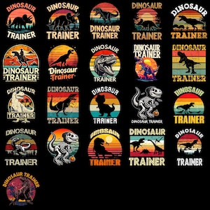 May include: A collection of graphic designs featuring various dinosaurs, silhouettes, and skeletal illustrations. Each design includes the word "DINOSAUR TRAINER" in a vintage style, set against a backdrop of a sunset or a circular design.