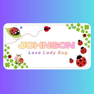 May include: A white rectangular sign with a gradient purple and blue background. The sign features the name "JOHNSON" in a gradient orange and pink font, with "Love Lady Bug" below. Ladybug and clover graphics decorate the sign.