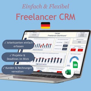 Könnte beinhalten: Ein Laptop mit einem "Freelancer CRM"-Dashboard mit Diagrammen und Daten. Der Bildschirm zeigt Optionen zur Verfolgung von Arbeitszeiten, Projekten und Rechnungen. Text enthält "Einfach & Flexibel" und "Freelancer CRM" mit einer deutschen Flagge.