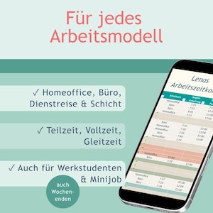 May include: A smartphone displays a digital timesheet titled Lenas Arbeitszeitkonto. The screen shows columns for work location, start times, and break times. Text on the left lists work models including home office, office, and shifts.