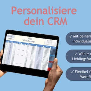 May include: A black tablet showing a spreadsheet, with the pink text "Personalise your CRM". The tablet is held by hands against a light blue backdrop. Text on the right says "Customisable with your name," "Choose your favourite colour," and "Flexible for any workflow."