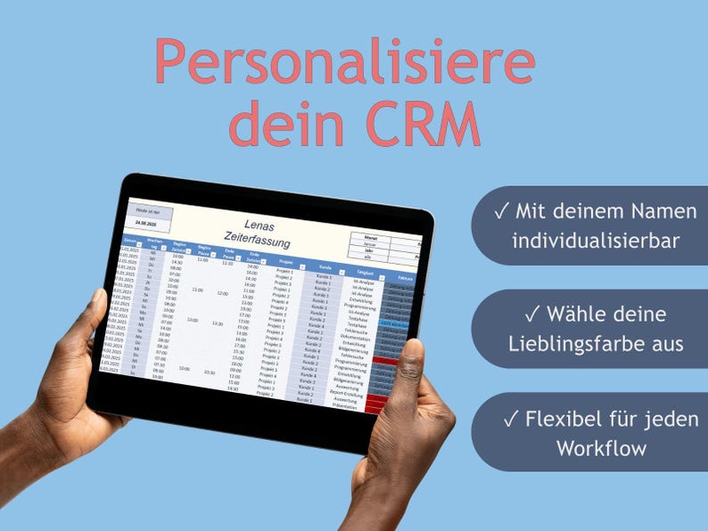 May include: A black tablet showing a spreadsheet, with the pink text "Personalise your CRM". The tablet is held by hands against a light blue backdrop. Text on the right says "Customisable with your name," "Choose your favourite colour," and "Flexible for any workflow."