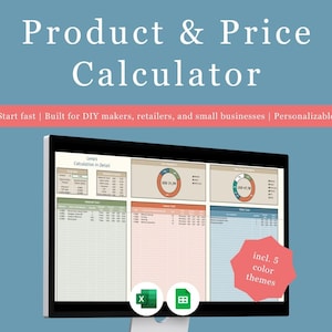 Könnte beinhalten: Ein Computermonitor zeigt einen Produkt- und Preisrechner. Der Bildschirm zeigt eine Tabelle mit Diagrammen und Daten. Auf dem Bildschirm steht "Product & Price Calculator" und "Start fast | Built for DIY makers, retailers, and small businesses | Personalizable."