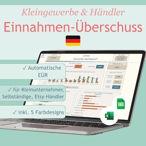 Op de afbeelding: Een laptopscherm toont een financieel dashboard getiteld Lenas Gewerbe-Dashboard met grafieken en data. Tekstoverlays bevatten Kleingewerbe & Händler Einnahmen-Überschuss, Automatische EÜR, für Kleinunternehmer, Selbständige, Etsy-Händler en inkl. 5 Farbdesigns.