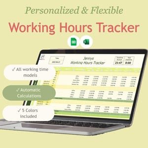 Könnte beinhalten: Ein Laptop mit einer "Working Hours Tracker"-Tabelle. Der Bildschirm zeigt den Text "Personalized & Flexible Working Hours Tracker". Funktionen sind alle Arbeitszeitmodelle, automatische Berechnungen und 5 Farben.