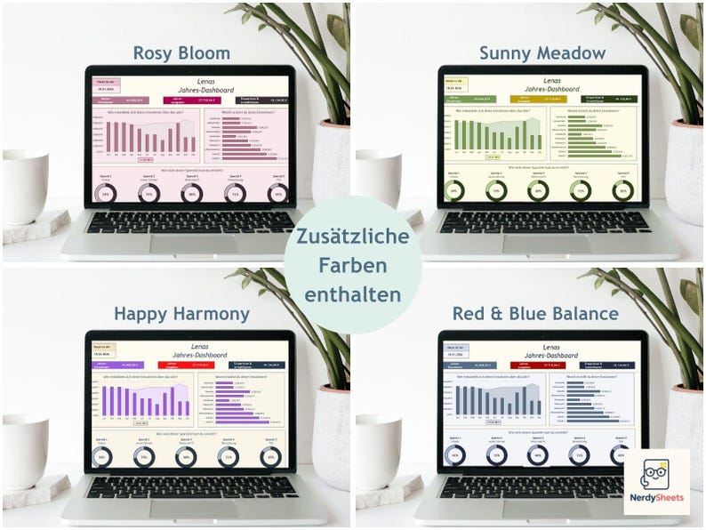 May include: Four laptops displaying digital dashboards titled Lenas Jahres-Dashboard in Rosy Bloom, Sunny Meadow, Happy Harmony, and Red & Blue Balance colour schemes. Each screen features bar charts, line graphs, and circular progress indicators.