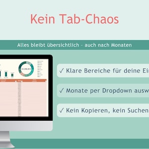 May include: A computer monitor displaying a spreadsheet titled Lenas variable Ausgaben with charts and tables. The background is light green with text in German including Kein Tab-Chaos, Alles bleibt &uuml;bersichtlich, and three check-marked points.