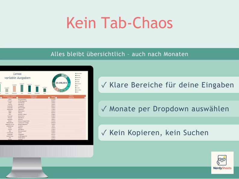 May include: A computer monitor displaying a spreadsheet titled Lenas variable Ausgaben with charts and tables. The background is light green with text in German including Kein Tab-Chaos, Alles bleibt &uuml;bersichtlich, and three check-marked points.
