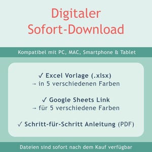 May include: A digital download graphic with a light green background featuring the text Digitaler Sofort-Download, Kompatibel mit PC, MAC, Smartphone & Tablet, Excel Vorlage, Google Sheets Link, and Schritt-f&uuml;r-Schritt Anleitung, with a small NerdySheets logo.
