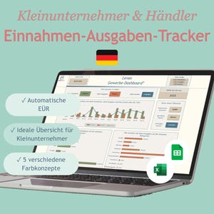 May include: A laptop screen shows a financial dashboard with charts and data, promoting an income and expense tracker. The screen displays the text "Lenas Gewerbe-Dashboard" and features a German flag. The image also highlights features like automated EUR and 5 colour concepts.