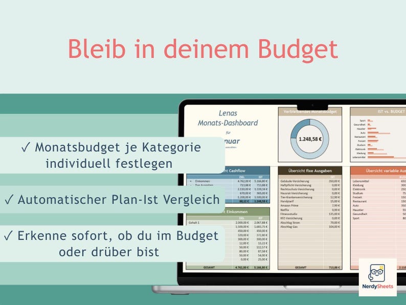 May include: A digital budget dashboard displayed on a laptop screen, featuring tables for monthly income, fixed and variable expenses, and a donut chart. The text reads Bleib in deinem Budget, Monatsbudget je Kategorie individuell festlegen, Automatischer Plan-Ist Vergleich, and Erkenne sofort, ob du im Budget oder dr&uuml;ber bist.