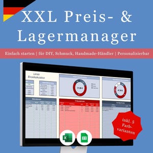 Könnte beinhalten: Ein Computermonitor zeigt eine Tabelle mit Diagrammen und Daten, mit dem Text "XXL Preis- & Lagermanager" und "Einfach starten". Das Bild enthält die deutsche Flagge und Symbole für Excel und Google Sheets.