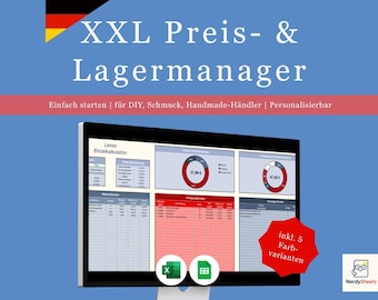 May include: A computer monitor displaying a spreadsheet titled Lenas Einzelkalkulation with data tables, pie charts, and cost breakdowns. The screen features Excel and Google Sheets icons, a red starburst graphic, and the text XXL Preis- & Lagermanager.