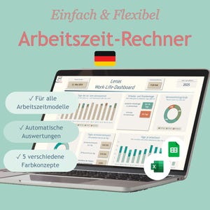 Op de afbeelding: Een laptop toont een dashboard voor tijdregistratie met grafieken. Het scherm toont de tekst "Arbeitszeit-Rechner" en "Work-Life-Dashboard". De afbeelding bevat de Duitse vlag en pictogrammen voor Excel en Google Sheets.