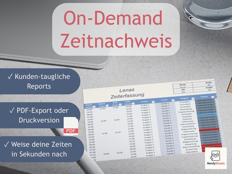 May include: A workspace setup with a laptop, a glass of water, and a document titled "Lenas Zeiterfassung." The document displays a time tracking table with columns for time, project, and customer. Text includes "On-Demand Zeitnachweis."
