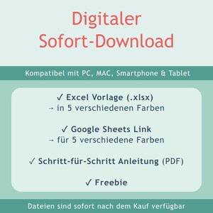 May include: A digital download graphic with light green background and dark text. It lists an Excel template in five colors, a Google Sheets link in five colors, a step-by-step PDF guide, and a freebie. It is compatible with PC, Mac, smartphone, and tablet.