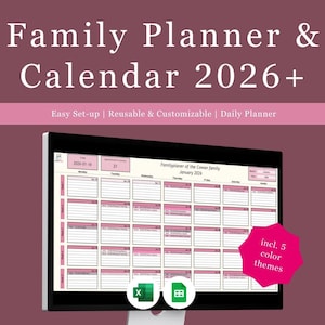 Könnte beinhalten: Ein Computermonitor zeigt einen Familienplaner und Kalender für 2026. Der Bildschirm zeigt ein rosa-weißes Kalenderlayout mit täglichen Einträgen. Der Text auf dem Bildschirm lautet "Family Planner & Calendar 2026+". Das Bild enthält auch den Text "Easy Set-up | Reusable & Customizable | Daily Planner".