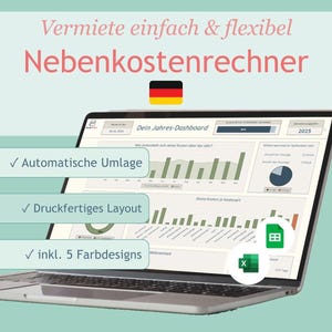 May include: A laptop displaying a dashboard with charts and graphs, with the text "Vermiete einfach & flexibel Nebenkostenrechner" and German flag. Features include automatic allocation, printable layout, and 5 color designs. Excel and Google Sheets icons are visible.