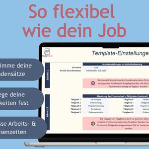 May include: A laptop screen showing a template with the text "Template-Einstellungen" and "So flexibel wie dein Job." The screen displays options to determine hourly rates, define activities, and track work and break times. The NerdySheets logo is visible.