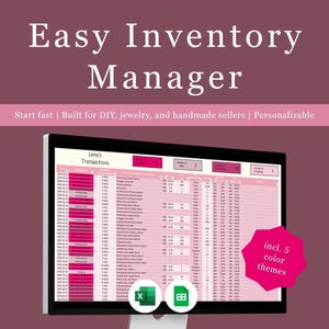 Könnte beinhalten: Ein Computermonitor zeigt eine Tabelle mit dem Titel "Lena's Transactions" in einem rosa-weißen Farbschema. Der Bildschirm zeigt Daten, die in Zeilen und Spalten organisiert sind. Der Text "Easy Inventory Manager" steht oben, mit "incl. 5 color themes" in einem rosa Stern.
