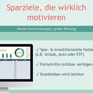 May include: A digital spreadsheet template displayed on a computer monitor with the German text Sparziele, die wirklich motivieren and Kleine Entscheidungen, gro&szlig;e Wirkung. It features a bar chart, a circular progress chart, and a list.