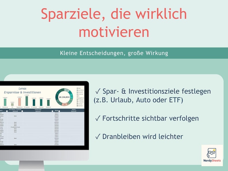 May include: A digital spreadsheet template displayed on a computer monitor with the German text Sparziele, die wirklich motivieren and Kleine Entscheidungen, gro&szlig;e Wirkung. It features a bar chart, a circular progress chart, and a list.