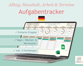 May include: A laptop screen displaying a digital task tracker spreadsheet with daily progress charts, weekly planning columns, and German text including Alltag, Haushalt, Arbeit & Termine, Aufgabentracker, Einfache Eingabe, Tages-, Wochen- & Monatsplan, and inkl. 5 Farbdesigns.
