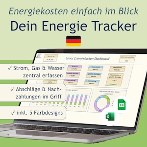 Könnte beinhalten: Ein Laptop-Bildschirm zeigt ein digitales Energiekosten-Dashboard mit dem Titel Lenas Energiekosten-Dashboard. Die Benutzeroberfläche enthält Datenfelder für Strom, Gas und Wasser sowie verschiedene Diagramme und Symbole für Tabellenkalkulationssoftware.