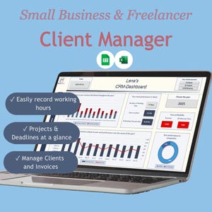 Könnte beinhalten: Ein Laptop mit einem Client-Management-Dashboard, mit dem Text "Small Business & Freelancer Client Manager". Zu den Funktionen gehören die Erfassung von Arbeitszeiten, Projektmanagement und Rechnungsverwaltung. Der Bildschirm zeigt Diagramme und Datenvisualisierungen.