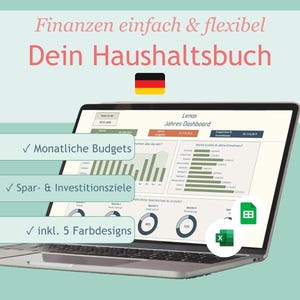 May include: A laptop screen showing a financial dashboard with charts and graphs. The screen displays text including "Monthly Budgets" and "Savings & Investment Goals." The image also features the German flag and the text "Finanzen einfach & flexibel Dein Haushaltsbuch."