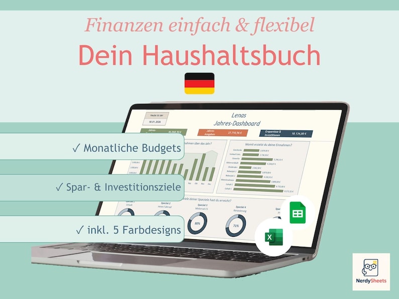 May include: A laptop screen displays a financial dashboard titled Lenas Jahres-Dashboard with charts and data. Text overlays include Finanzen einfach & flexibel, Dein Haushaltsbuch, Monatliche Budgets, Spar- & Investitionsziele, and inkl. 5 Farbdesigns.