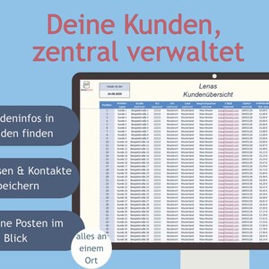 May include: A digital display shows a customer overview spreadsheet with data. Text in the image reads "Deine Kunden, zentral verwaltet" and "Lenas Kunden&uuml;bersicht". Additional text includes "Kundeninfos in Sekunden finden", "Adressen & Kontakte speichern", and "Offene Posten im Blick".