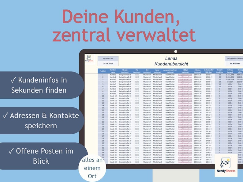 May include: A digital display shows a customer overview spreadsheet with data. Text in the image reads "Deine Kunden, zentral verwaltet" and "Lenas Kunden&uuml;bersicht". Additional text includes "Kundeninfos in Sekunden finden", "Adressen & Kontakte speichern", and "Offene Posten im Blick".