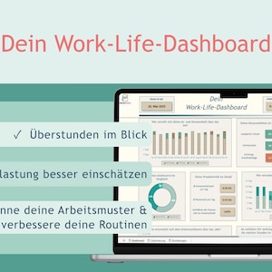 May include: A laptop screen displaying a digital work-life dashboard with charts, graphs, and data fields. The interface includes text in German, such as 'Dein Work-Life-Dashboard', '&Uuml;berstunden im Blick', 'Belastung besser einsch&auml;tzen', and 'Erkenne deine Arbeitsmuster & verbessere deine Routinen'.