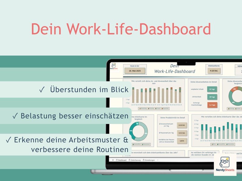 May include: A laptop screen displaying a digital work-life dashboard with charts, graphs, and data fields. The interface includes text in German, such as 'Dein Work-Life-Dashboard', '&Uuml;berstunden im Blick', 'Belastung besser einsch&auml;tzen', and 'Erkenne deine Arbeitsmuster & verbessere deine Routinen'.