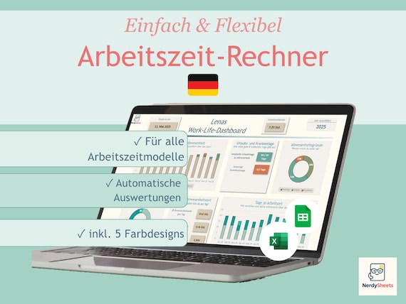 Arbeitszeiterfassung Vorlage Excel & Google Sheets – Timesheet Template Büro Plan + Urlaubsplan – Mitarbeiter Tracker + Work-Life Dashboard