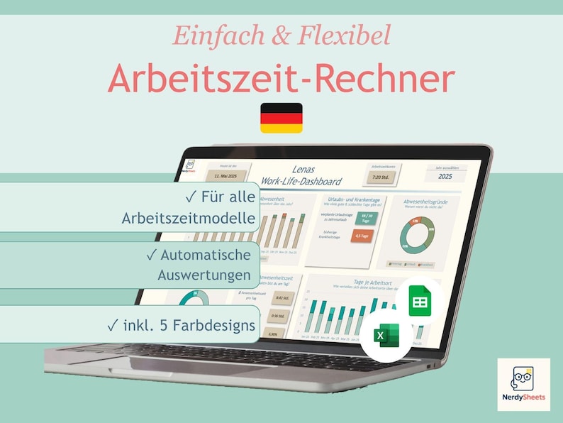 May include: A laptop screen displaying a digital work-life dashboard with charts and data tables. Text on screen includes "Einfach & Flexibel", "Arbeitszeit-Rechner", "Lenas Work-Life-Dashboard", and checkmarks for features. Includes Excel and Google Sheets icons.