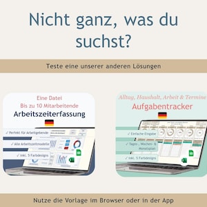 May include: A digital marketing graphic featuring two laptop screens displaying spreadsheet templates. The text reads: Nicht ganz, was du suchst? Teste eine unserer anderen L&ouml;sungen. Arbeitszeiterfassung and Aufgabentracker are shown with German flags and Excel icons. NerdySheets logo is in the corner.