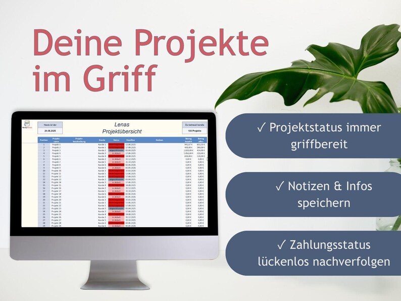May include: A computer monitor displays a project overview with the text "Deine Projekte im Griff." The screen shows a spreadsheet with project details. Accompanying text highlights features like project status, notes, and payment tracking.