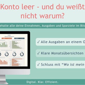 May include: A computer monitor displays a financial dashboard with charts and graphs. The text reads: Konto leer - und du wei&szlig;t nicht warum? Behalte alle deine Einnahmen, Ausgaben und Sparziele im Blick. Alle Ausgaben an einem Ort. Klare Monats&uuml;bersichten. Schluss mit Wo ist mein Geld? Digital. Klar. Effizient. NerdySheets logo.