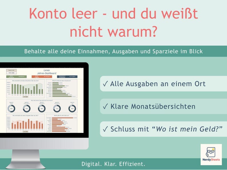 May include: A computer monitor displays a financial dashboard with charts and graphs. The text reads: Konto leer - und du wei&szlig;t nicht warum? Behalte alle deine Einnahmen, Ausgaben und Sparziele im Blick. Alle Ausgaben an einem Ort. Klare Monats&uuml;bersichten. Schluss mit Wo ist mein Geld? Digital. Klar. Effizient. NerdySheets logo.
