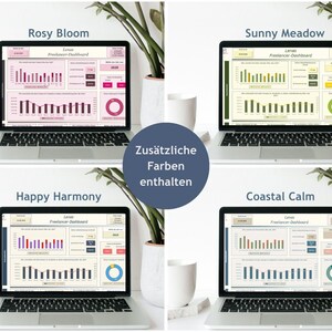 May include: Four laptops showing a freelancer dashboard in various colour schemes: Rosy Bloom, Sunny Meadow, Happy Harmony, and Coastal Calm. Each laptop is on a white surface with a white cup and plant in the background. The text 'Zus&auml;tzliche Farben enthalten' is visible.