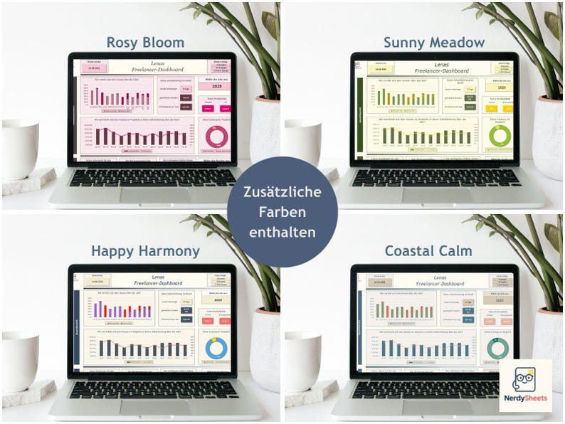 May include: Four laptops showing a freelancer dashboard in various colour schemes: Rosy Bloom, Sunny Meadow, Happy Harmony, and Coastal Calm. Each laptop is on a white surface with a white cup and plant in the background. The text 'Zus&auml;tzliche Farben enthalten' is visible.