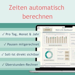 May include: A digital dashboard displayed on a laptop screen titled Work-Life-Dashboard, featuring charts and data fields for tracking time. The text reads Zeiten automatisch berechnen, Pro Tag, Monat & Jahr, Pausen mitgerechnet, Soll-Ist direkt sichtbar, and &Uuml;berstunden-Rechner.