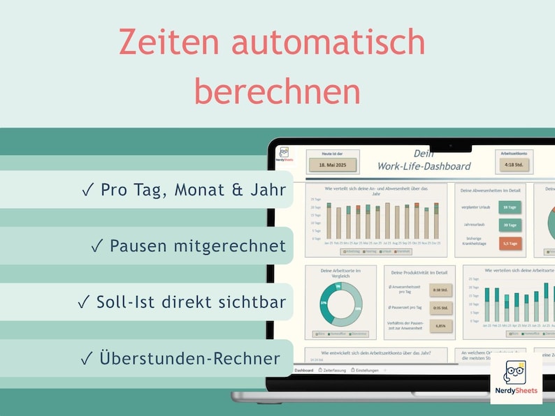 May include: A digital dashboard displayed on a laptop screen titled Work-Life-Dashboard, featuring charts and data fields for tracking time. The text reads Zeiten automatisch berechnen, Pro Tag, Monat & Jahr, Pausen mitgerechnet, Soll-Ist direkt sichtbar, and &Uuml;berstunden-Rechner.