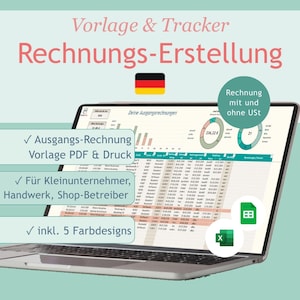 Könnte beinhalten: Ein Laptop zeigt eine Tabellenvorlage zur Rechnungserstellung mit deutschem Text wie Vorlage & Tracker, Rechnungs-Erstellung sowie Haken für PDF, Druck, Kleinunternehmer und fünf Farbdesigns, ergänzt durch Excel- und Sheets-Symbole.