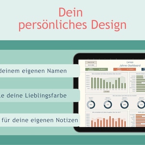 May include: A digital tablet displaying a personalised financial dashboard titled Lenas Jahres-Dashboard. The screen features various data charts, graphs, and progress circles. Text on the left includes: Dein pers&ouml;nliches Design, Mit deinem eigenen Namen, W&auml;hle deine Lieblingsfarbe, and Platz f&uuml;r deine eigenen Notizen. A small NerdySheets logo is in the bottom right corner.