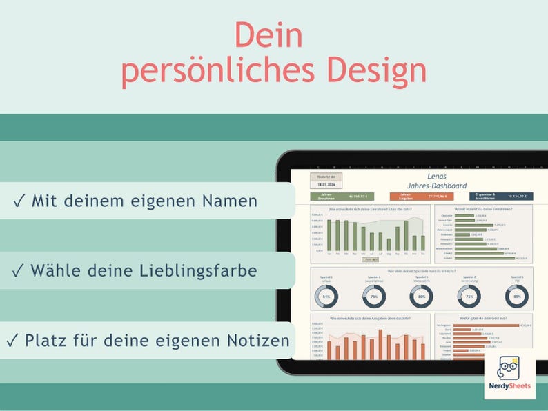 May include: A digital tablet displaying a personalised financial dashboard titled Lenas Jahres-Dashboard. The screen features various data charts, graphs, and progress circles. Text on the left includes: Dein pers&ouml;nliches Design, Mit deinem eigenen Namen, W&auml;hle deine Lieblingsfarbe, and Platz f&uuml;r deine eigenen Notizen. A small NerdySheets logo is in the bottom right corner.