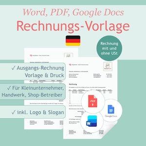 Könnte beinhalten: Eine digitale Rechnungs-Vorlage kompatibel mit Word, PDF und Google Docs. Das Dokument enthält Text auf Deutsch, darunter 'Rechnungs-Vorlage', 'Ausgangs-Rechnung' und 'Kleinunternehmer'. Symbole für PDF, Word und Google Docs sind abgebildet.