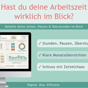 May include: A digital work-life dashboard displayed on a computer monitor with charts and data tracking hours, breaks, and overtime. The text reads: Hast du deine Arbeitszeit wirklich im Blick? Behalte deine Zeiten, Pausen & &Uuml;berstunden im Blick.
